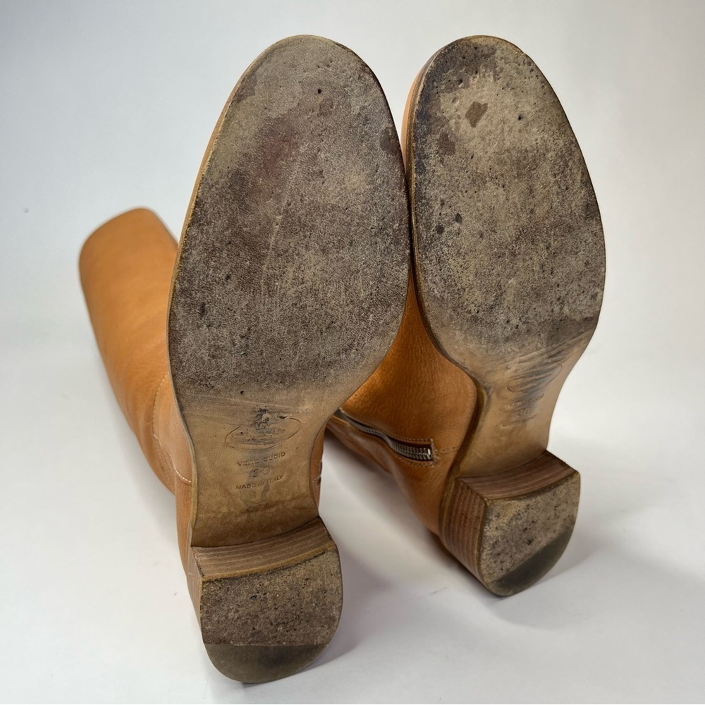 VINTAGE Prada 1990s Tan Camel Italian Leather Side Zip Pullon Classic Flat Boots - Picture 13 of 16